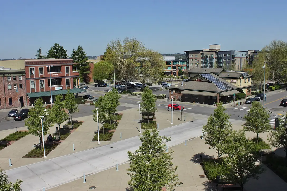 Public plaza and buildings at Auburn Station in downtown Auburn, Washington