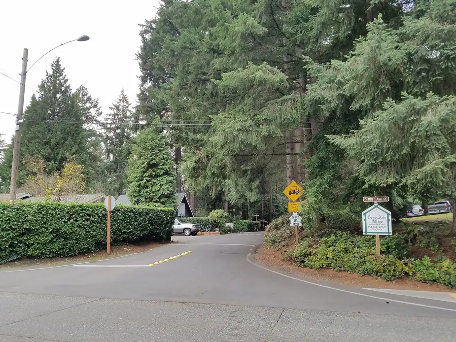Tree-lined entrance road into Beaux Arts Village, Washington
