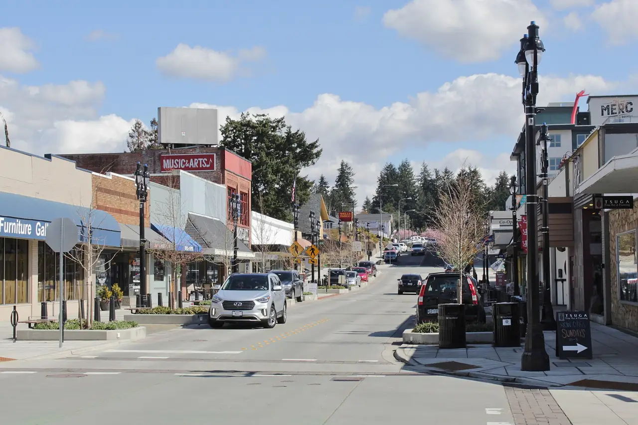 Shops along Main Street in downtown Bothell, Washington