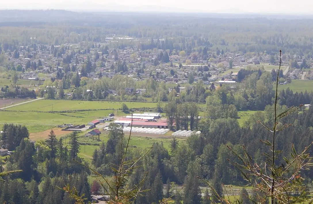 The town of Buckley, Washington and surrounding farmland seen from the Pinnacle Peak trail