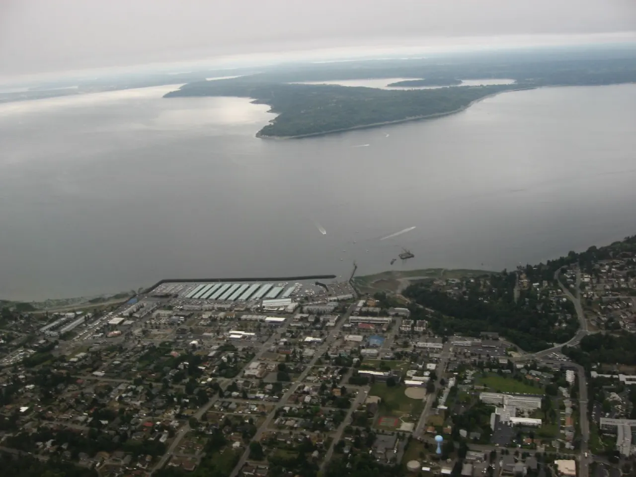 View over Des Moines, Washington toward Puget Sound with Maury and Vashon Islands in the distance