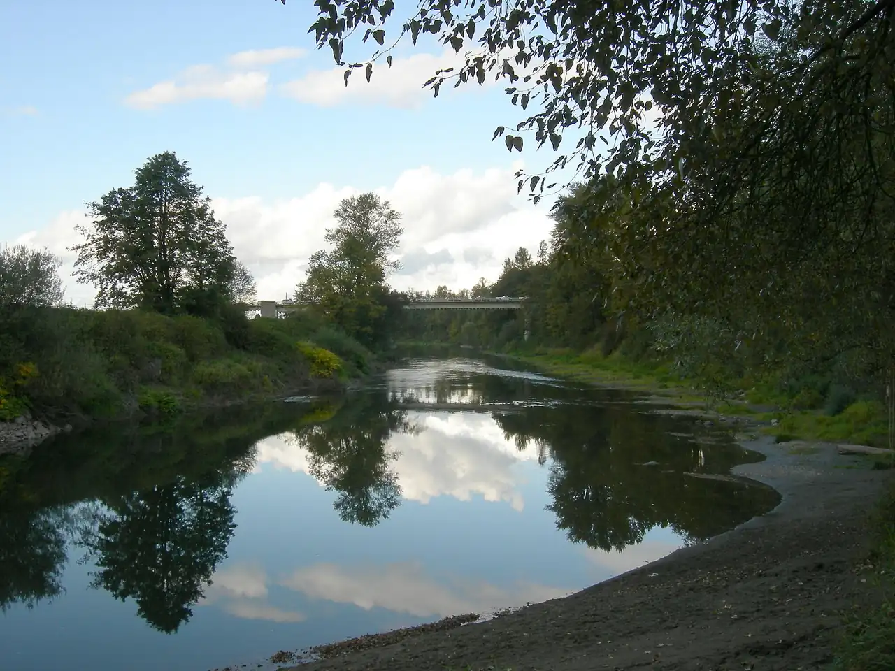 Bridge over the Snoqualmie River entering the center of Duvall, Washington, seen from McCormick Park
