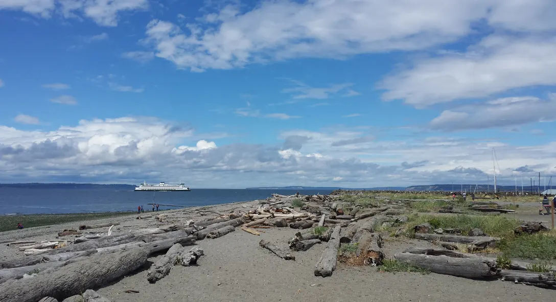 Washington State Ferry departing the Edmonds terminal, seen from the beach