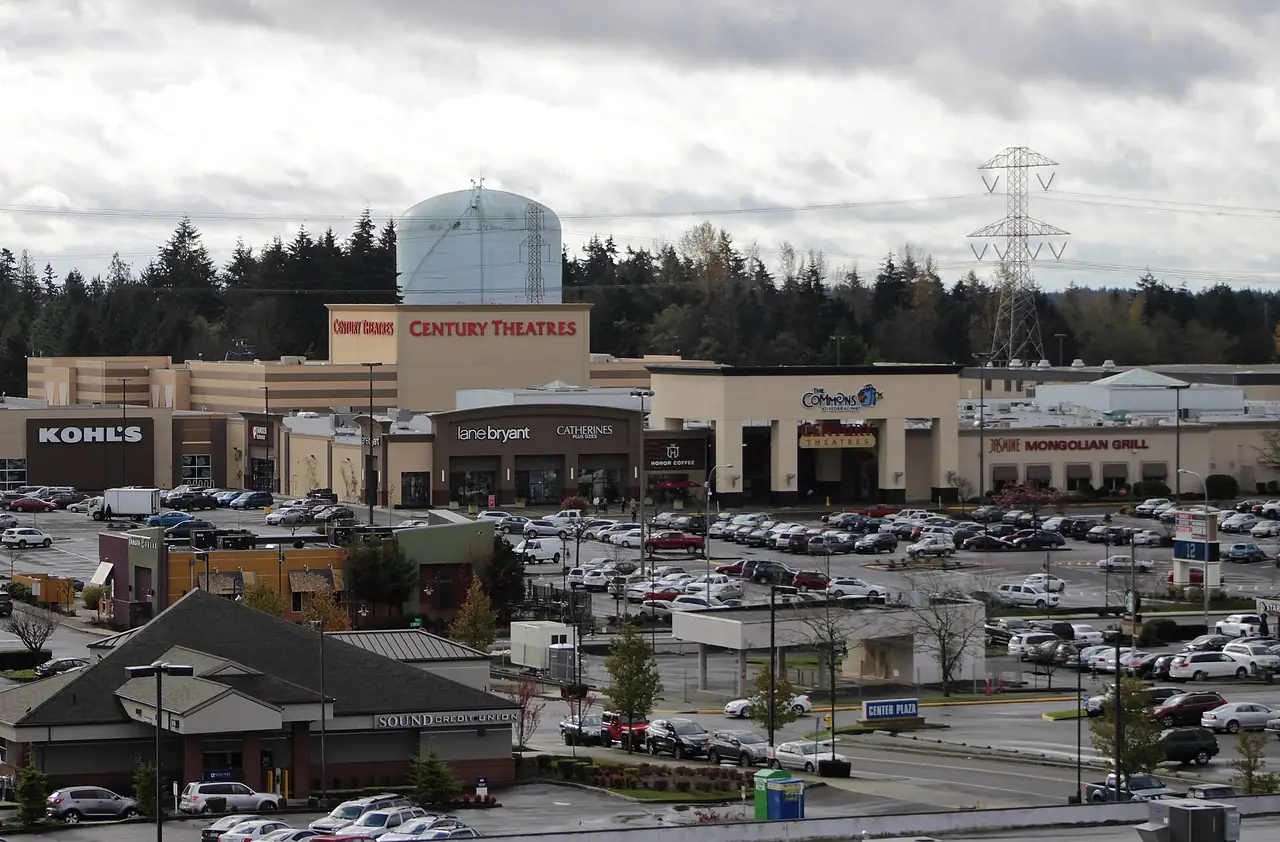 The Commons at Federal Way shopping center seen from the transit center in Federal Way, Washington