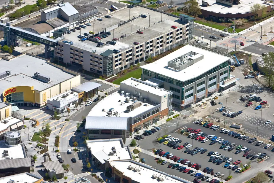 Aerial view of the Kent Station shopping center in downtown Kent, Washington