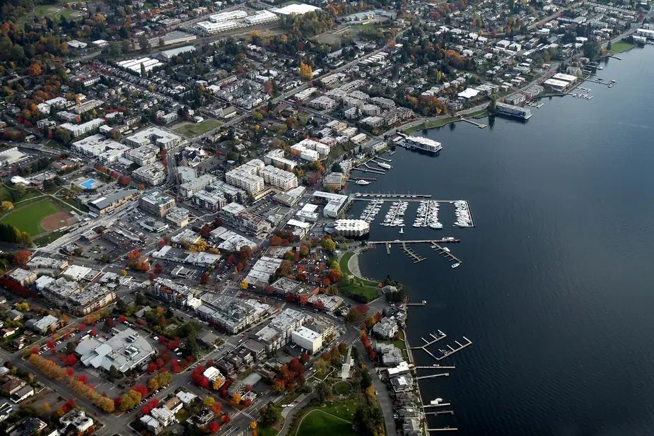 Aerial view of the downtown Kirkland, Washington waterfront on Lake Washington