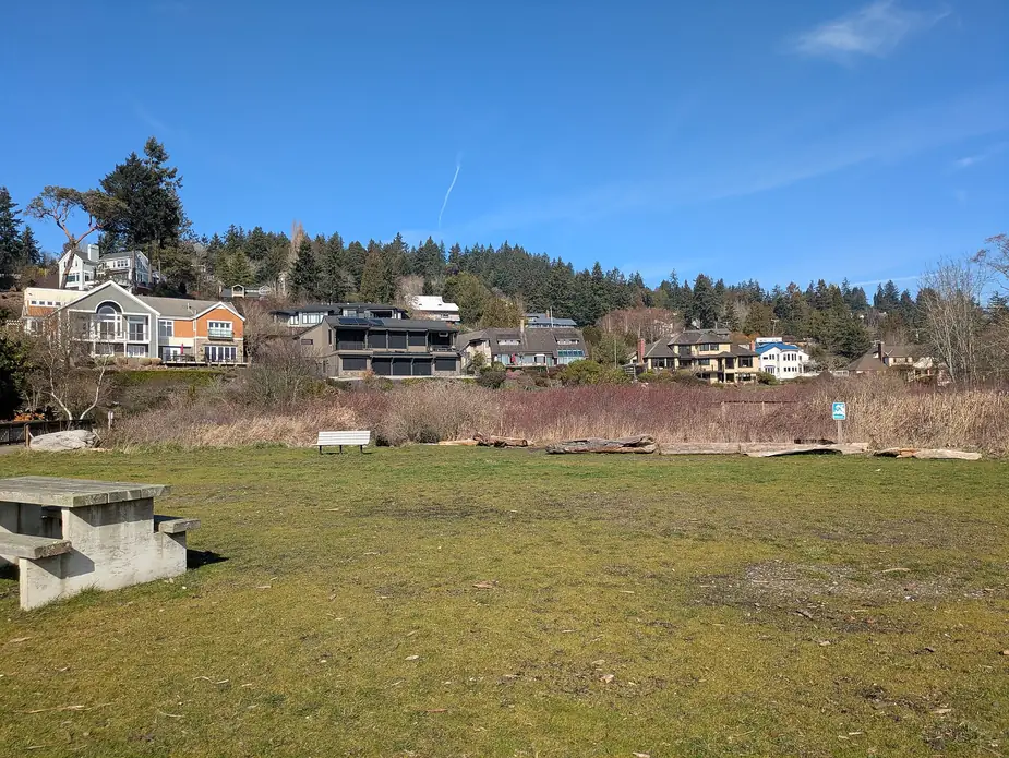 Park lawn with hillside homes above the cove at Normandy Park, Washington