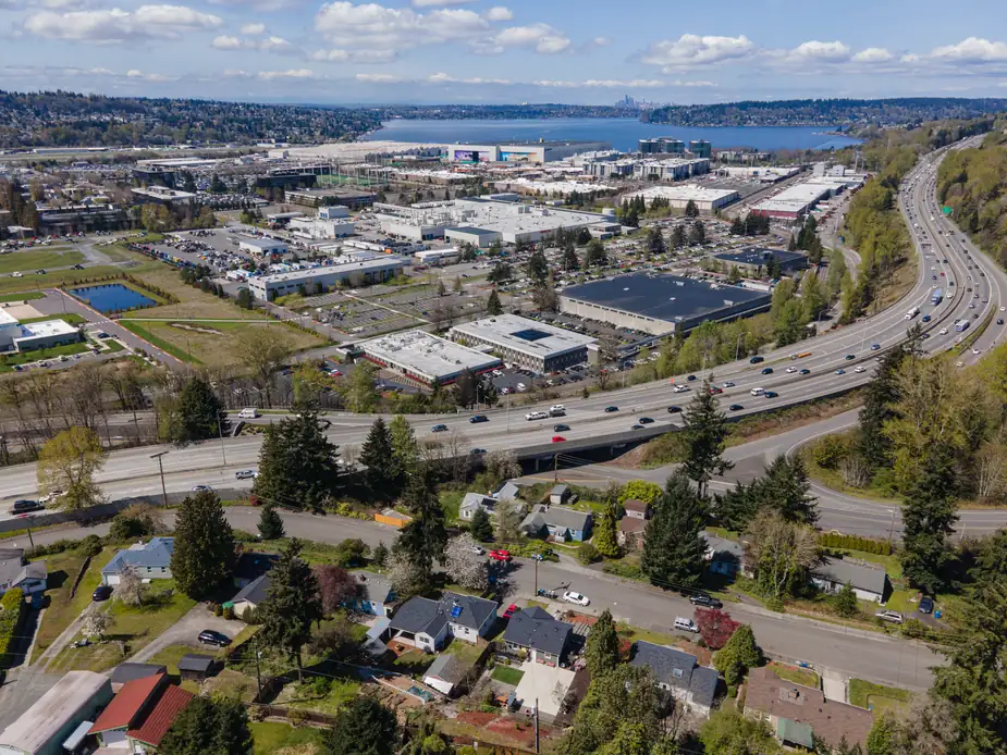Aerial view of Renton, Washington at the south end of Lake Washington