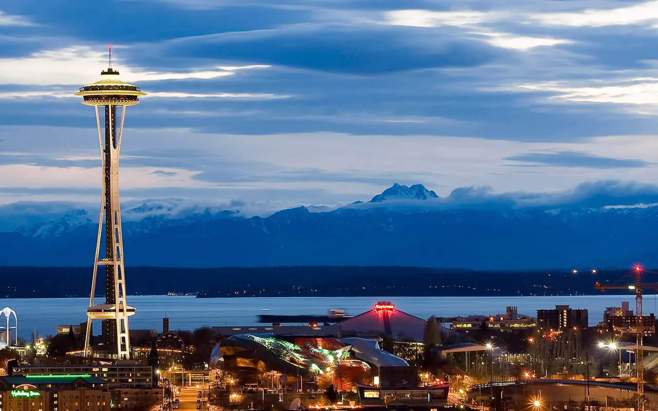 Seattle Center with the Space Needle as night falls in Seattle, Washington