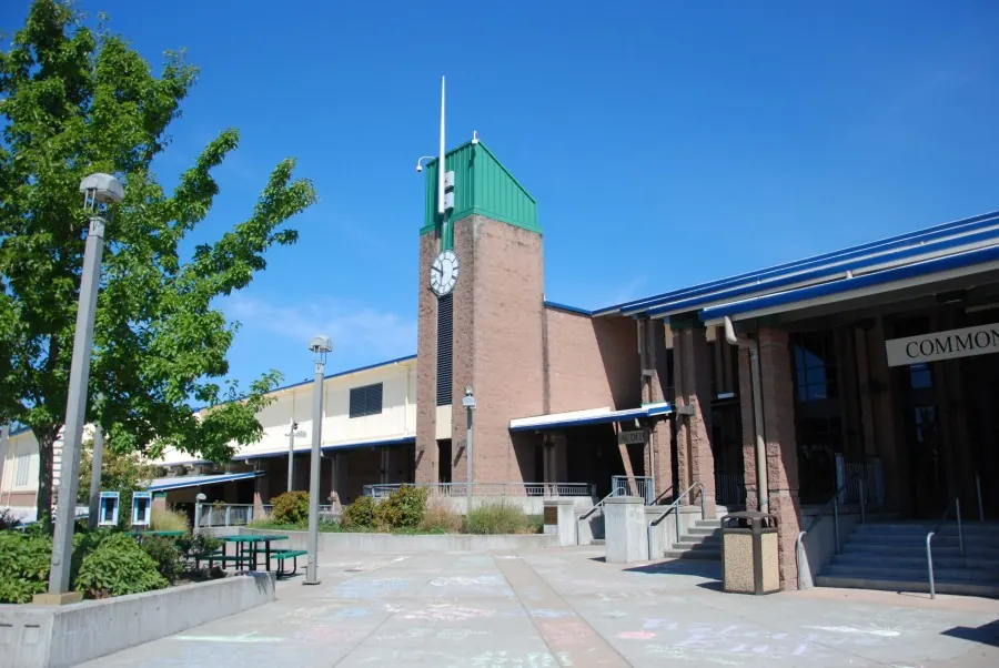 Clock tower and entrance of Emerald Ridge High School in South Hill, Washington