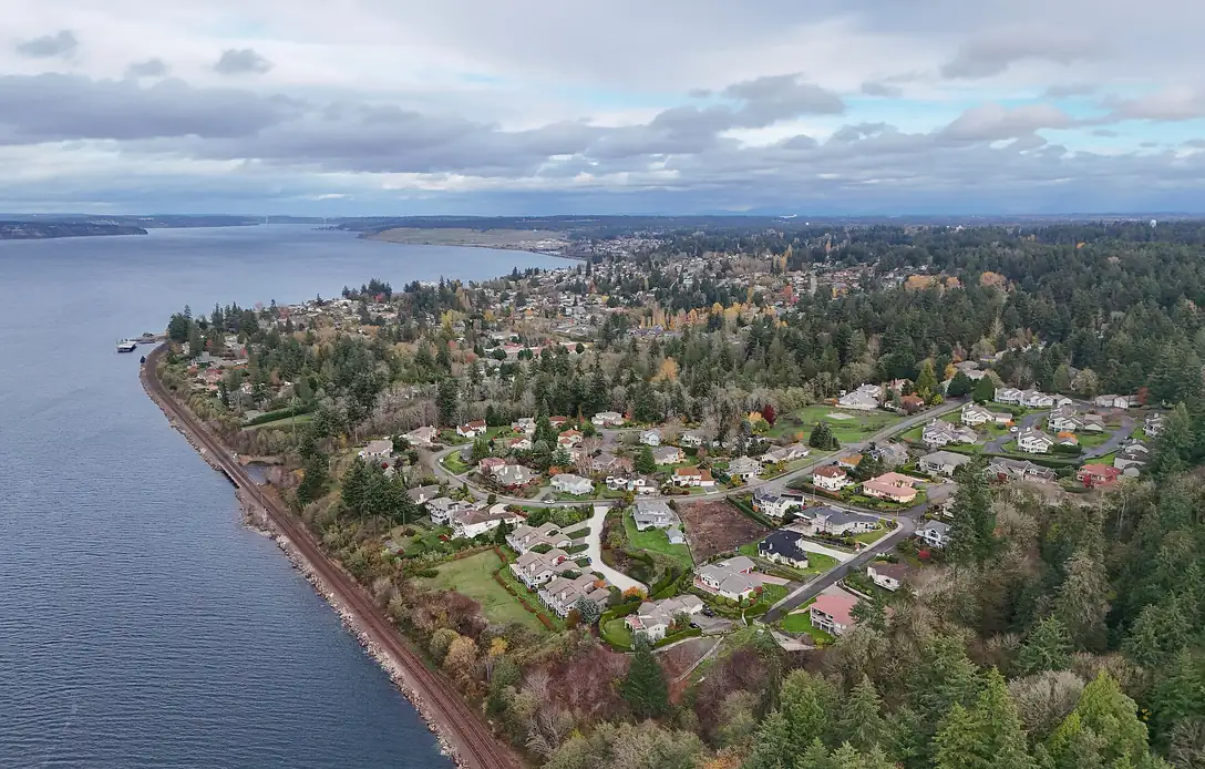 Aerial view of the town of Steilacoom, Washington on Puget Sound