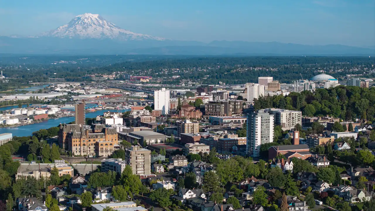 Aerial view of Tacoma, Washington and Commencement Bay